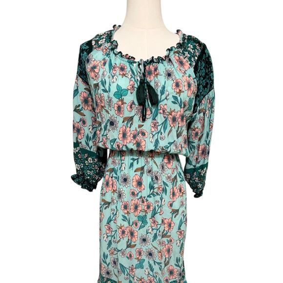 Umgee Medium Green FLoral Boho Cottage Tiered Maxi Dress Flowy Feminine - Picture 4 of 14